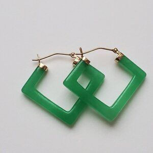 Vintage Vibrant Green Apple Jade Geometric Hoop Earrings 14K Yellow Gold